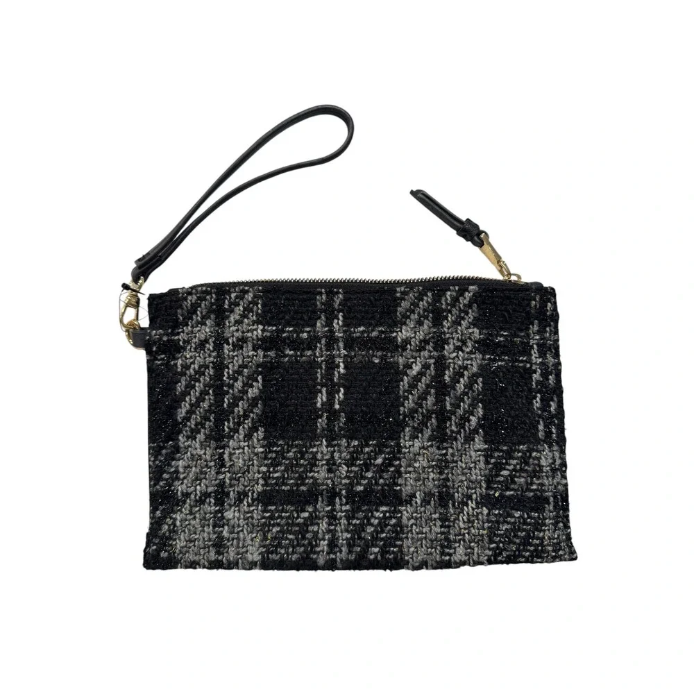 INC International Concepts Plaid‎ Tweed Wristlet Black Grey Metallic Clutch Bag